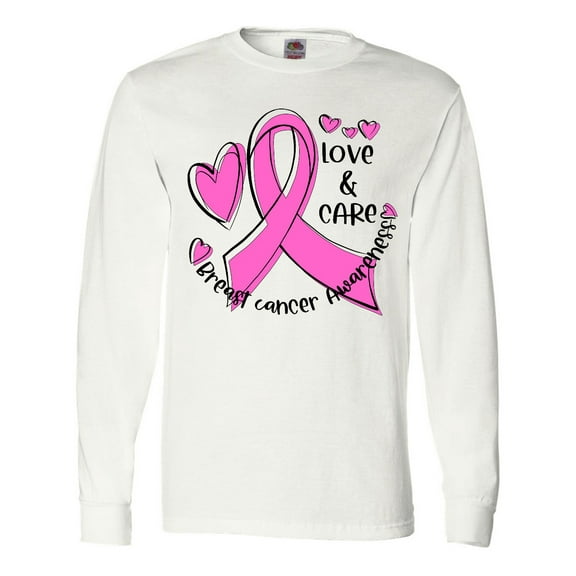 Inktastic Love, Care, Cure Breast Cancer Awareness Pink Ribbon Long Sleeve T-Shirt