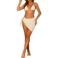 thumbnail image 2 of Women's 3 Piece Halter Bikini Sets Hollow Out Mesh Swimsuits with Sarong Cover Ups Beach Skirt Bathing Suit Medium Beige, 2 of 5