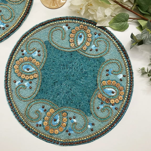 Set of 6, Handmade bead placemat, Teal bead and wooden bead, round 14inch