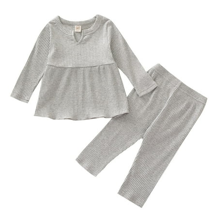 

Dadaria Baby Clothes 6M-4Y Toddler Baby Girls Ruffle Long Sleeve Solid Knit Tops Pants Set Outfits Gray 100 Toddler