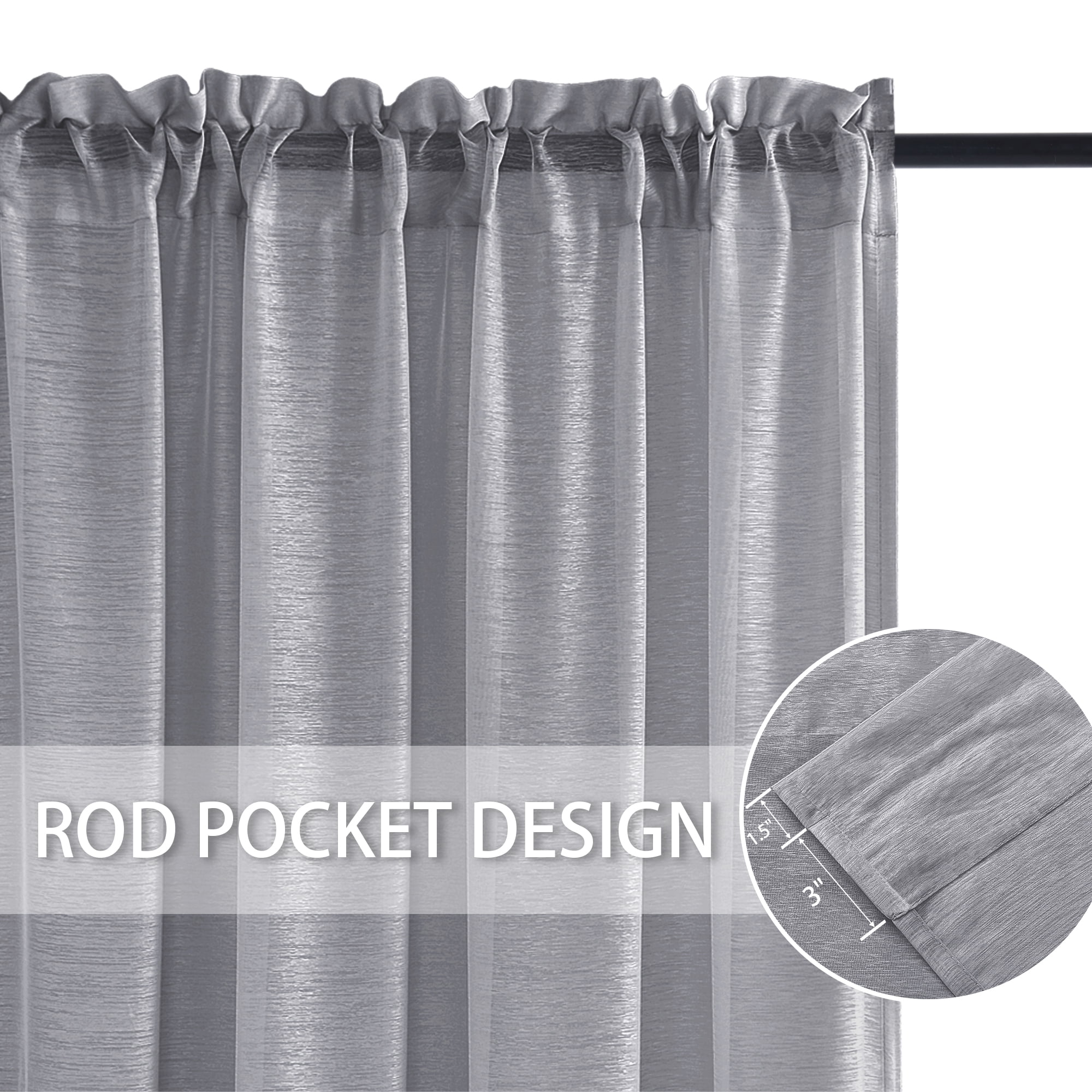 JIUZHEN Semi Sheer Curtains 72 Inches Long, Rod Pocket Light Filtering Semi Transparent Voile Window Curtains for Bedroom Backdrop & Bathroom, Set of 2 with Tiebacks, W52 x L72, Dark Grey