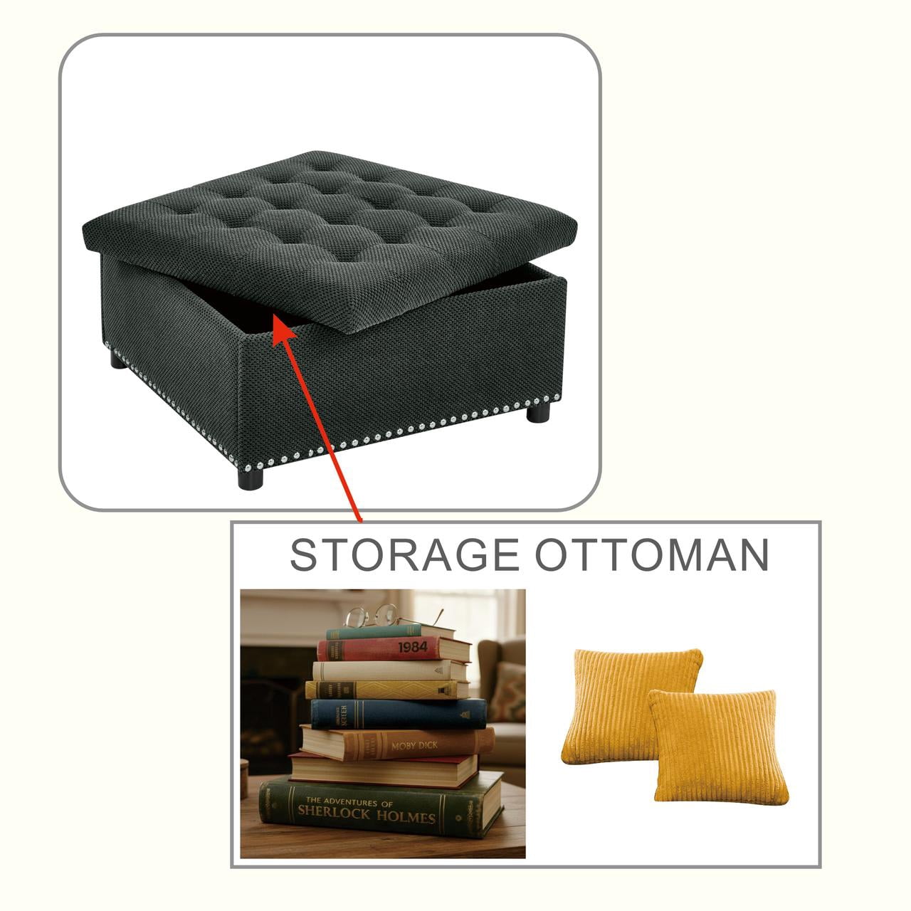Tufted Storage Ottoman with Nailhead Trim, Square Footstool with Hidden Storage Compartment, Upholstered Coffee Table for Living Room, Bedroom, Dark Grey