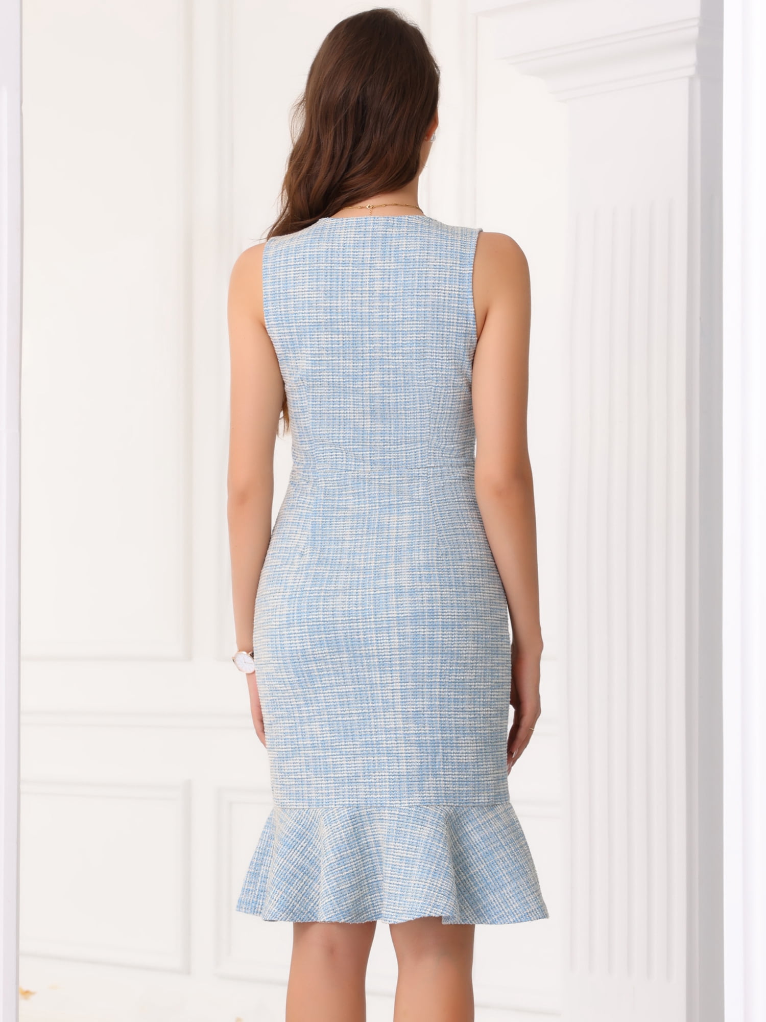 DARING DIVA Sleeveless V Neck Ruffles Bodycon Plaid Dress S White Blue