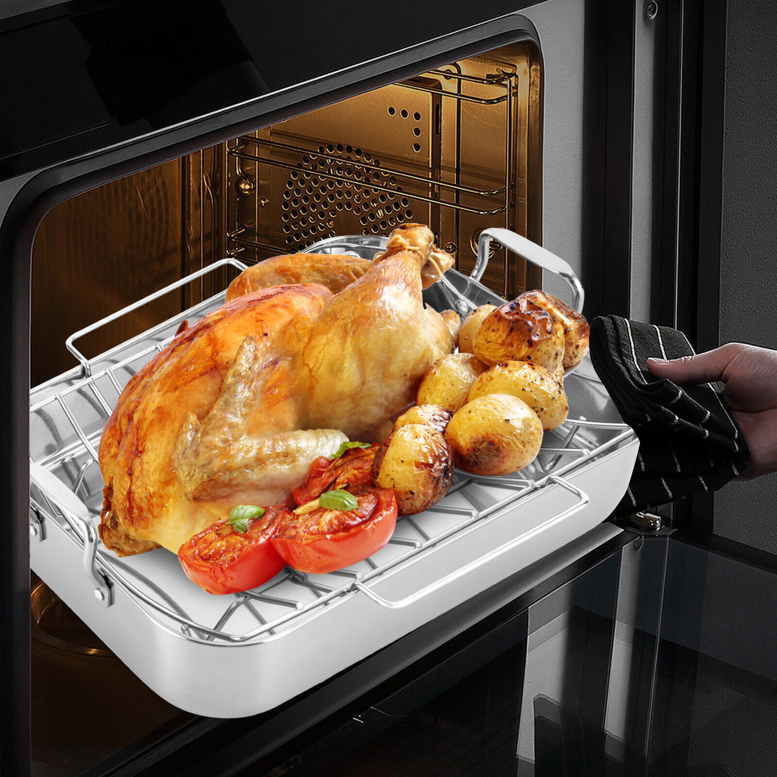 Oukaning 16.5" Stainless Steel Roaster Roasting Pan with Baking Rack