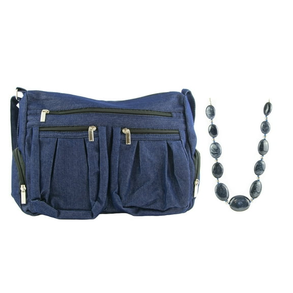 Gold Coast Women's Blue Denim Shoulder Bag and Necklace Set