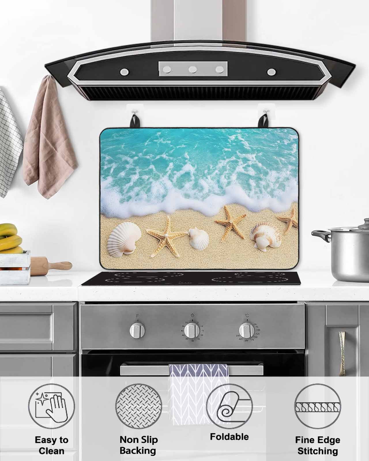 nqOlkjepod Large Induction Cooktop Protector Mat 36"x21", Ocean Beach Stove Top Covers for Electric Stove, Starfish Shell Sand Coastal Summer Blue Brown Stove Burner Cover Mats Stove Cover