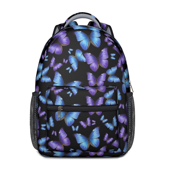 Butterfly and Blue Purple Black Pattern Backpack for School, Cute School Bag with Adjustable Shoulder Straps and Padded Back, 15.3"x11"x6.7"