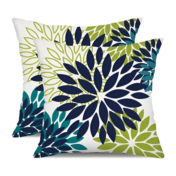 AUQ Navy Blue Flower Pillow Covers 16x16" Set of 2 White Gray Colored Throw Pillows Outdoor Waterproof Decor for Living Room Sofa Patio Furniture Garden Floral Linen Cushion Case