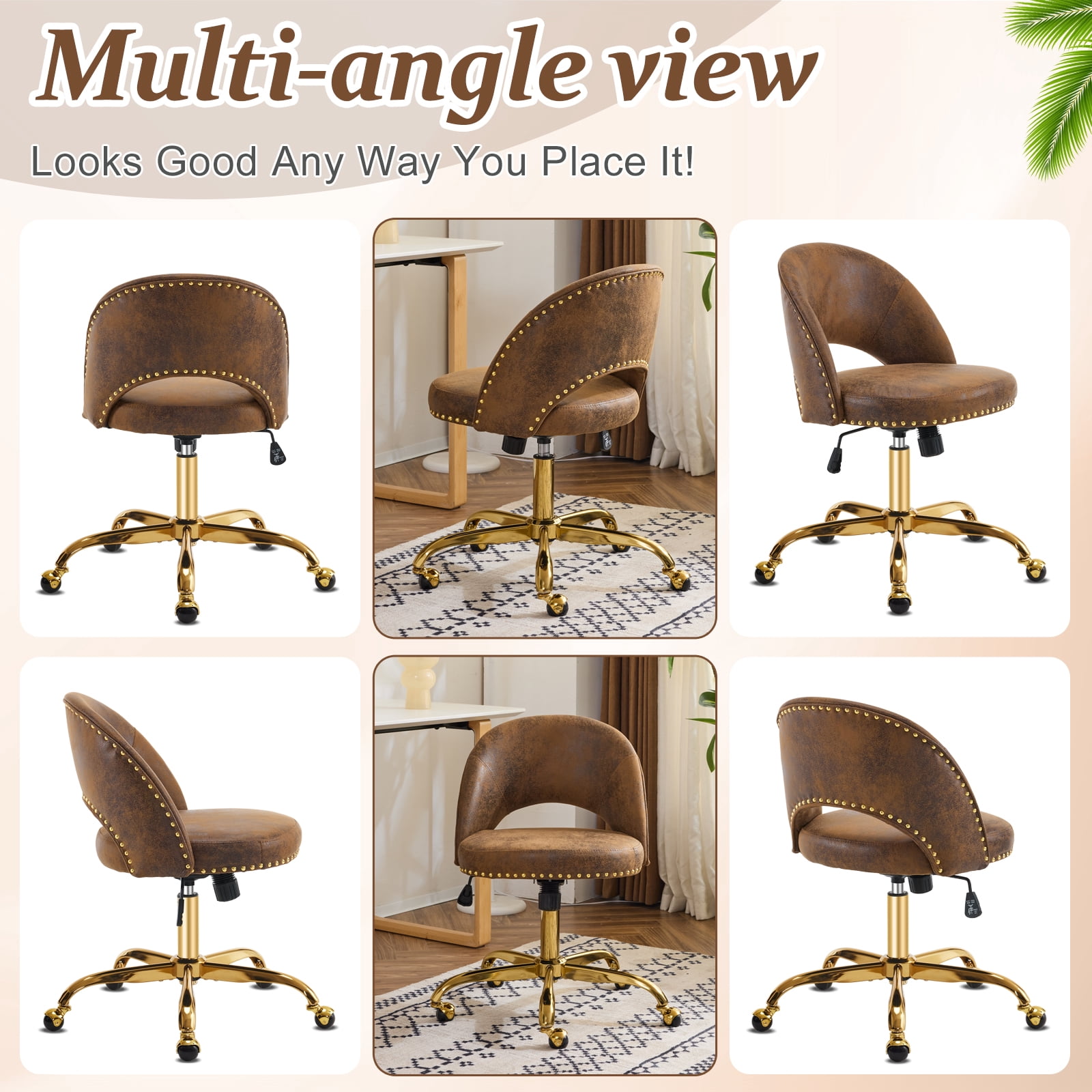 Ktaxon Office Desk Chair Adjustable Bronzing Cloth Fabric Computer Task Chair Small Rolling Vanity Stool with Wheels for Study Make-up Dressing Room Brown