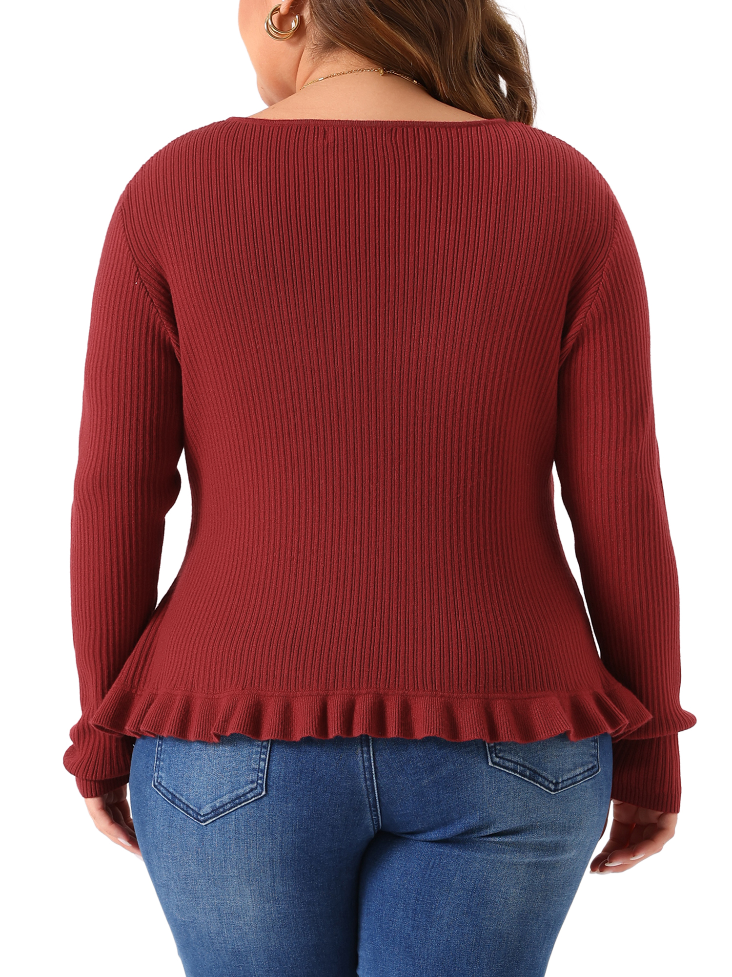 DARING DIVA Plus Size Knit Open Front Ruffled Button Cardigan 3X Burgundy