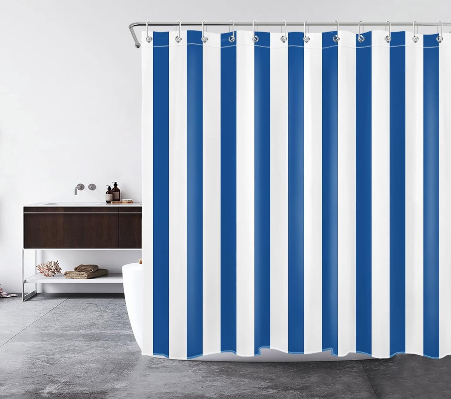Blue and White Striped Fabric Shower Curtain for Bathroom with 12 Hooks, Vertical Stripe Geometric Shower Curtains for Bathroom, Modern Farmhouse Chic Style Bathroom Shower Curtains, 72x72 Inch
