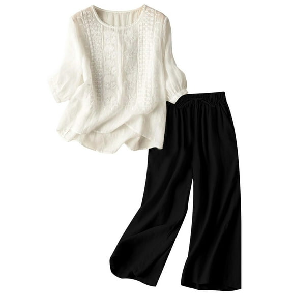 Women's Linen Embroidered Casual Two Piece Set Summer Comfort Outfit Wide Leg Pants Short Sleeve Top Stylish Breathable