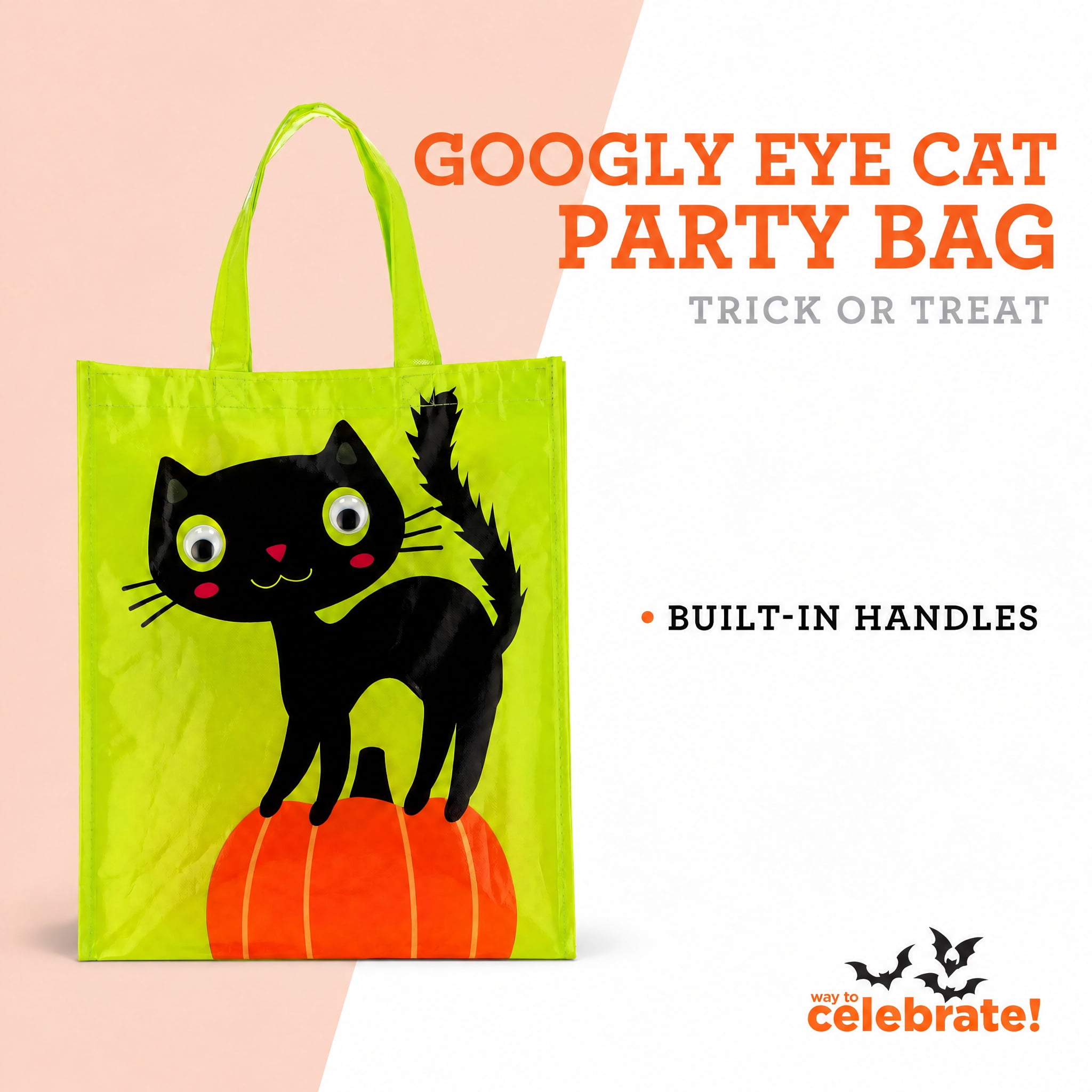 Googly Eye Cat Trick-or-Treat Party Bag, Green and Black, Halloween by Way To Celebrate