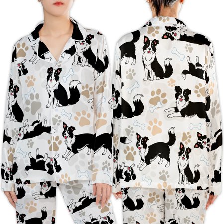 Lotusprinthandmade Border Collie Dog All-over Print Satin Pajamas Set (No Pocket) (S) border collie dog pajamas dog lover sleepwear