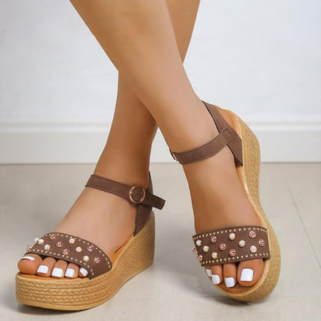 

Homadles Woman Summer Sandals- Roman Plus Size Retro Thick Sole Wedge Casual Sandal Brown Size 8.5