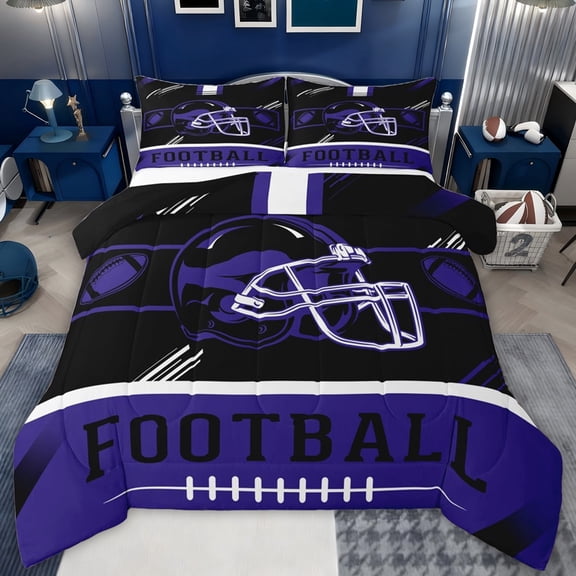 jejeloiu Football Game Gaming Twin Comforter Sets,Purple Black Helmet Bedding Set For Ball Lover Reversible 2-Piece