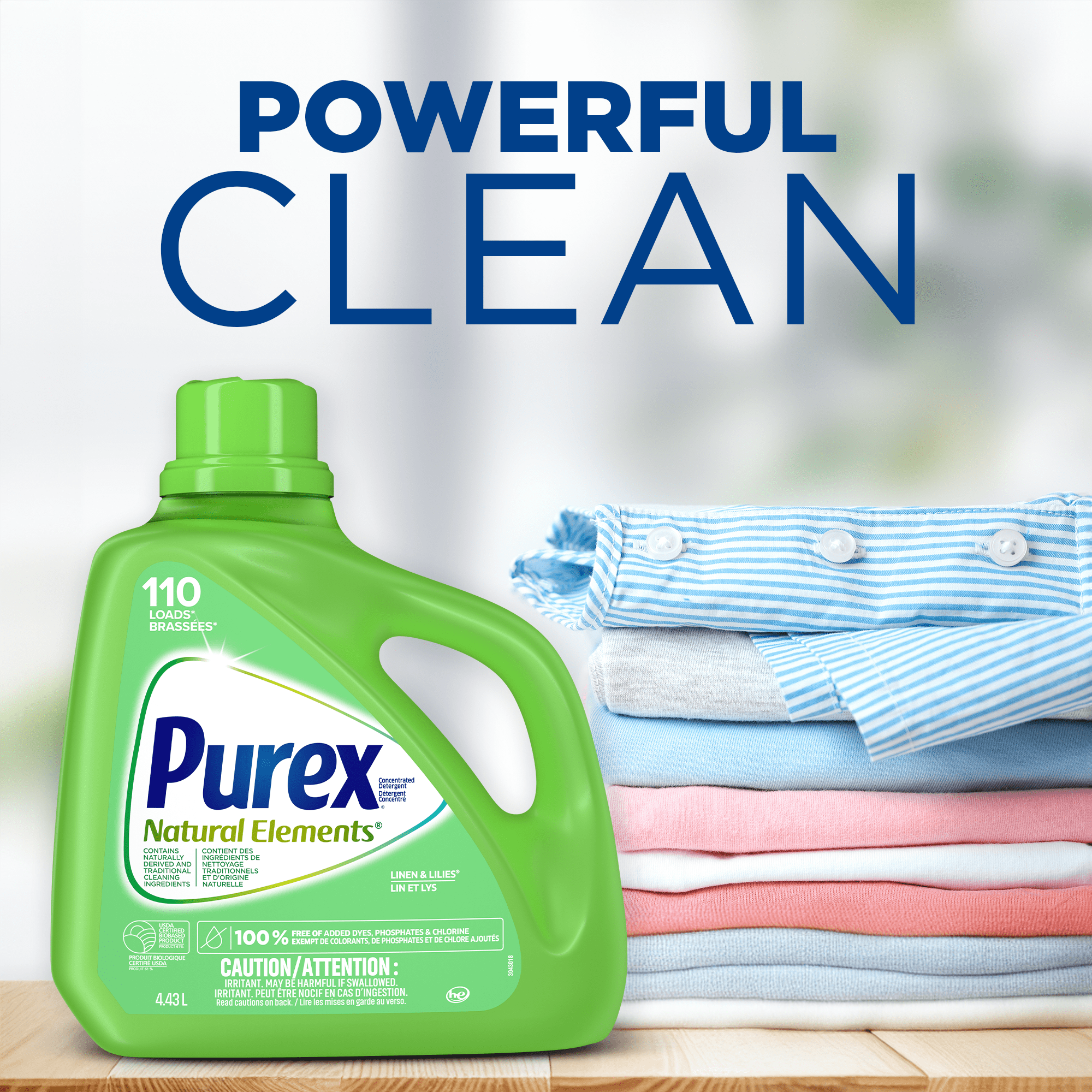 Purex détergent à lessive liquide concentré 4-en-1, Natural Elements, lin et lis, sans colorants ajoutés, 4,43 litres, 110 brassées