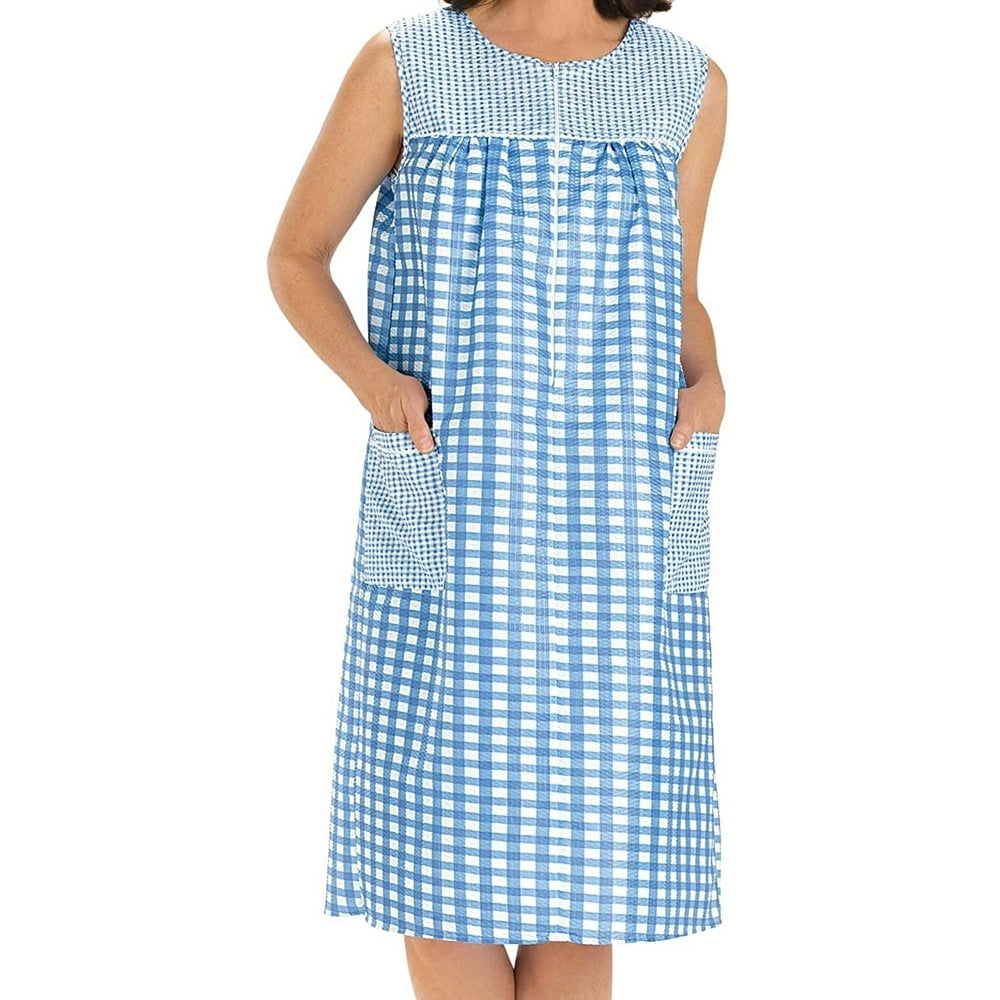EZI EZI Women's Sleeveless Zipper Gingham Shift House Dress Duster