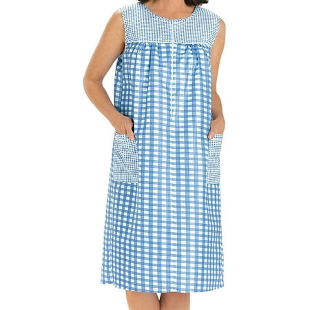 

EZI House Dresses for Women with Pockets Moo Moos Gingham House Coat Sleevless Zipper Duster Dress - Medium to Plus Size