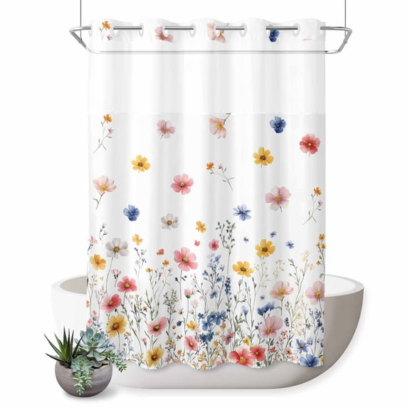 No Hook Shower Curtain, Blue Flowers Shower Curtains for Bathroom with See Through Top Window, Pink Watercolor Botanical Garden Floral Waterproof & Washable Bath Curtain Extra Long 72"x84"