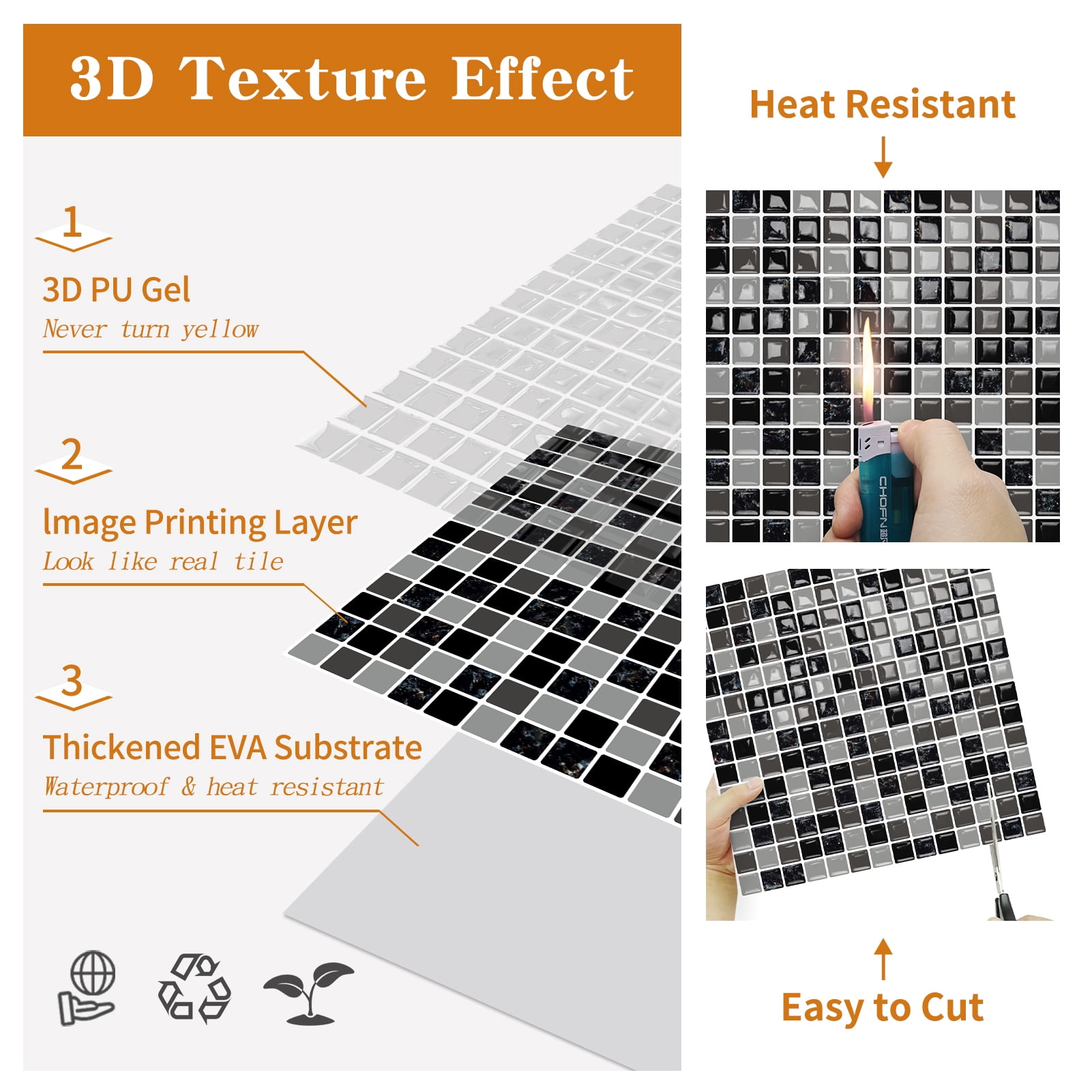 DEWOO 10 Sheet Thicker Mosaic Peel and Stick Backsplash Tile Removable Self Adhesive Wall Tiles for Bathroom Kitchen Counter (12"×12",Grey)