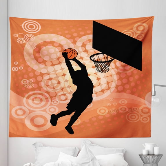 Orange Tapestry, Basketball Player Silhouette Athlete Competition Championship Promotion, Fabric Wall Hanging Decor for Bedroom Living Room Dorm, 5 Sizes, Pale Orange Black, by Ambesonne