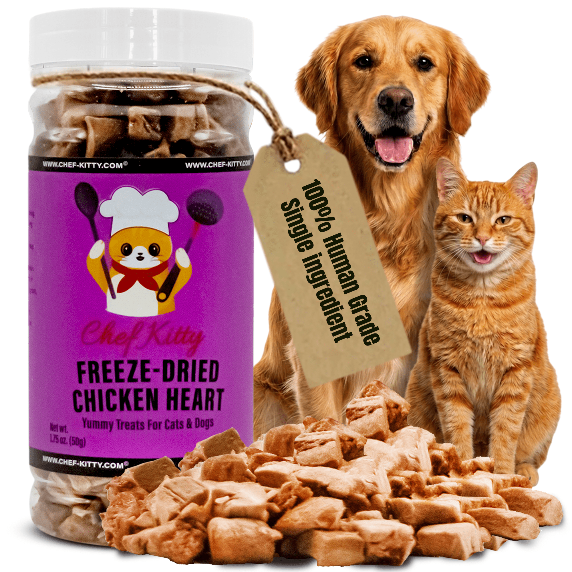 Chef Kitty Freeze Dried Chicken Hearts Cat Treats, Single Ingredient Natural Treats for Cats & Dogs, 1.4 oz