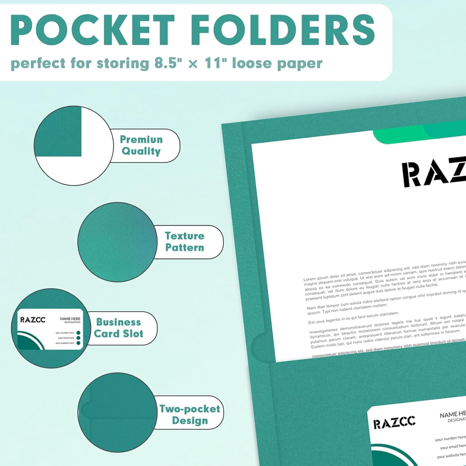 Two Pocket Folders, 50 Pack 2 Pocket Folders Fit Letter Size Paper, Paper Folders with Pockets for School Office Business Home, Turquoise