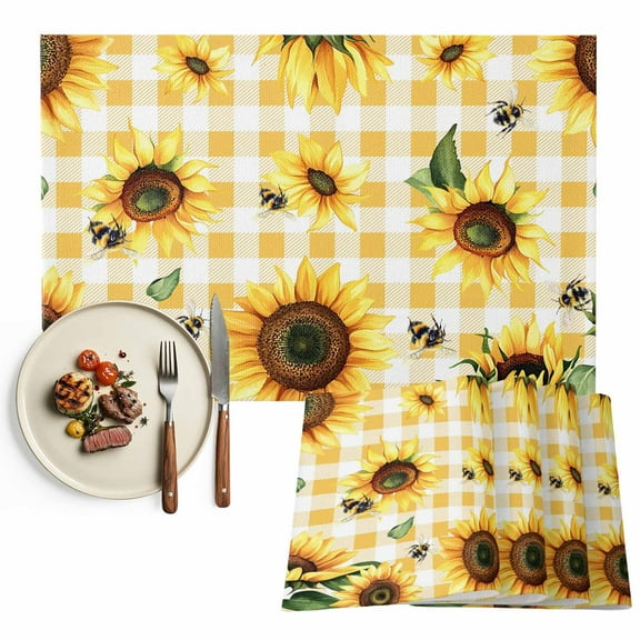 Placemats Set of 4, Sunflower Placemats Set of 4, Yellow Buffalo Plaid Farmhouse Flowers Tablemats Placemat Table Decoration for Kitchen Table Dinner Party Home Decor Indoor Outdoor 13x19 Inch