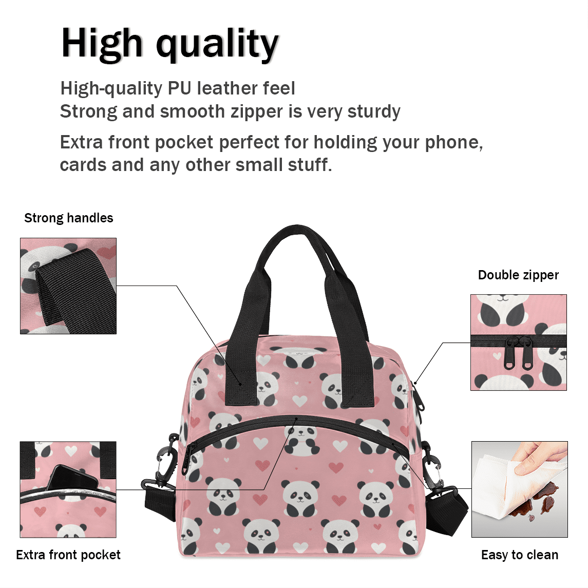 Herdesigns Cute Panda Insulated Lunch Bag for Women Men Adults Large Reusable Lunch Box Animal Panda Leakproof Cooler Tote Bags with Adjustable Shoulder Strap