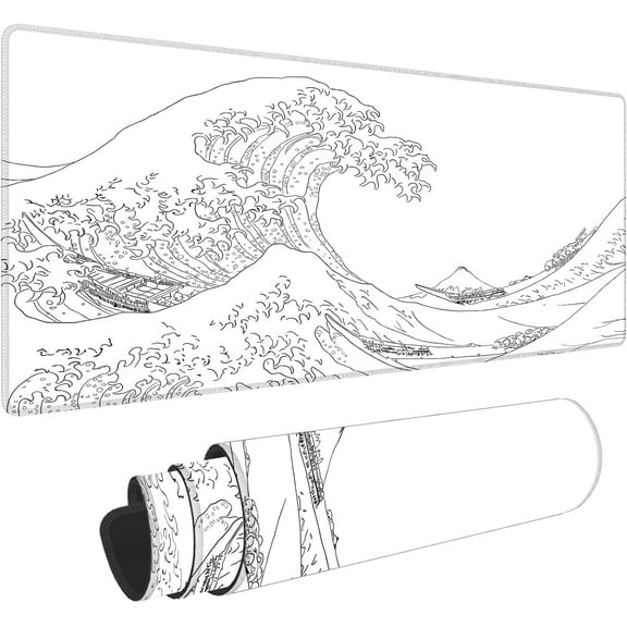 Japanese Sea Wave Large Mouse Pad, Anime White Gaming Mouse Pad XL, Extended Kanagawa Mouse Mat Desk Pad, 3mm Thick Long Non-Slip Rubber Base Mice Pad, 31.5 X 11.8 Inch,White