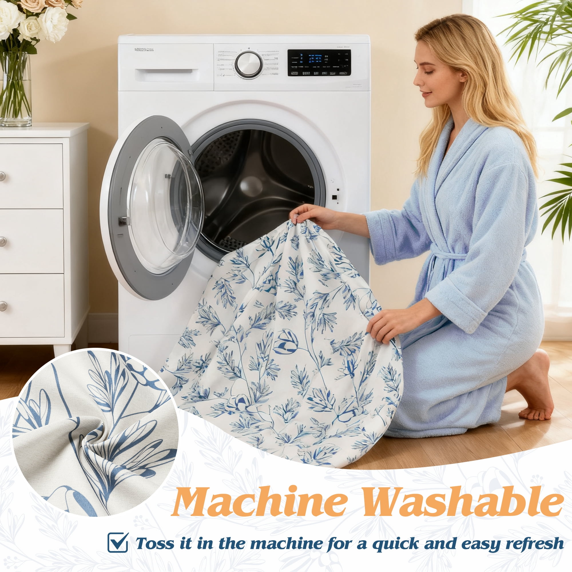 Inosoo Elegant Blue Floral Print Linen - Look Shower Curtain, Thick & Soft Faux Linen Cloth Bathroom Curtain, 72" W x 72" L