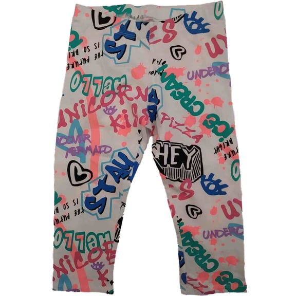Girls White Mermaid Ice Cream Pizza Graffiti Print Capri Crop Leggings
