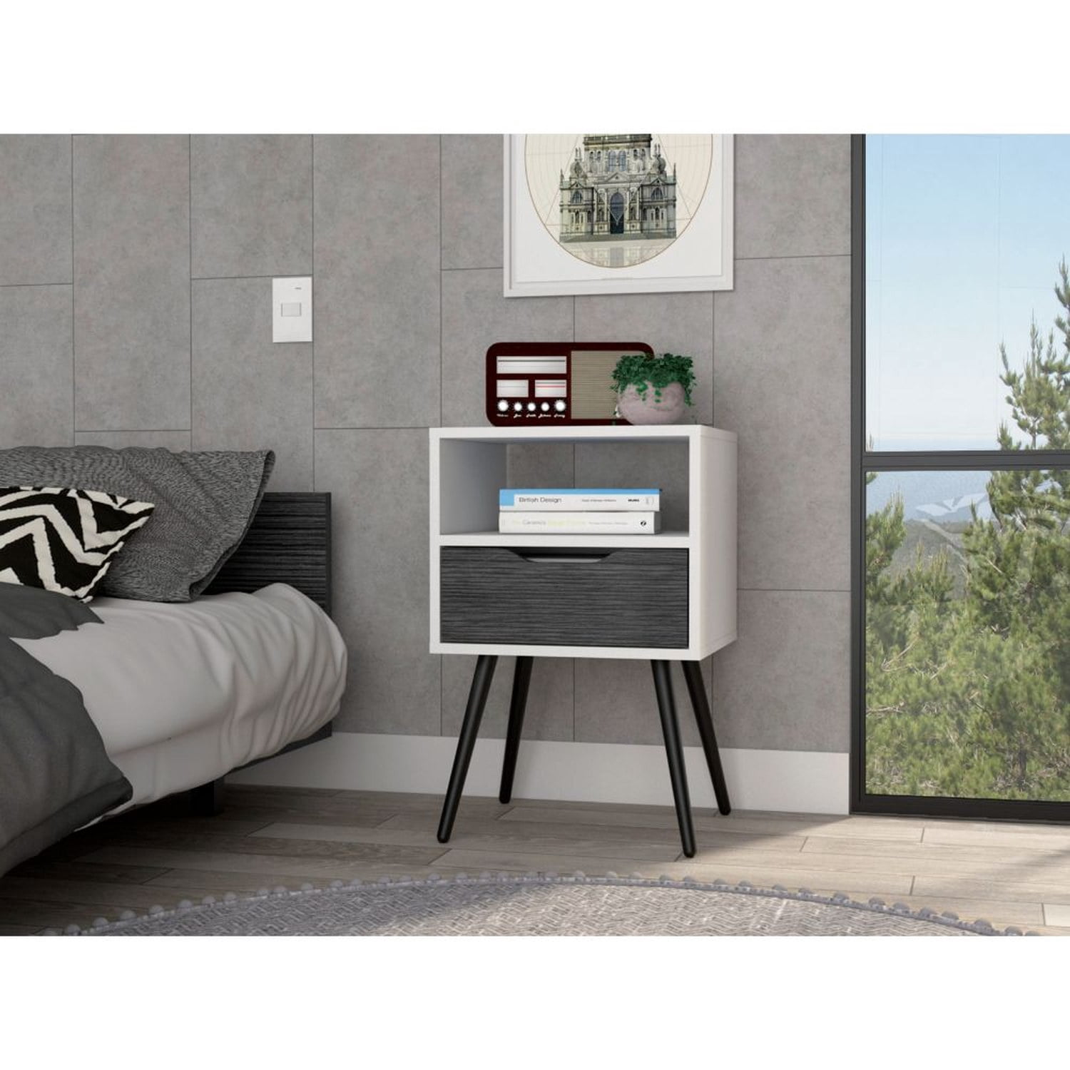 Otom Nightstand, Superior Top, One Open Shelf, One Drawer, Four Legs