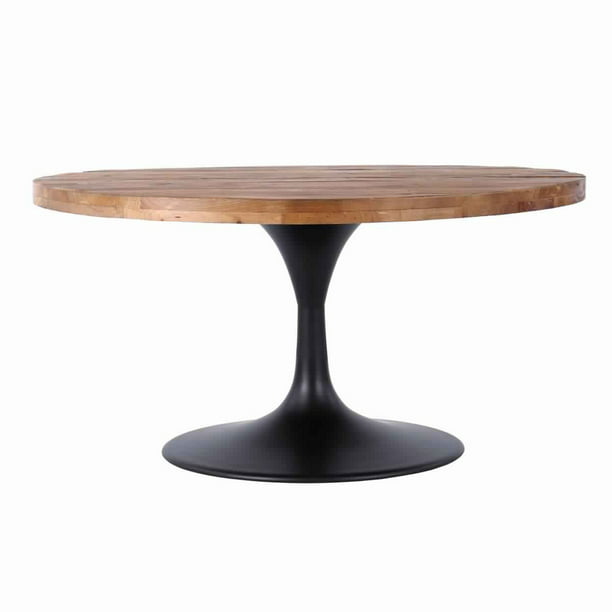 36 Inch Round Wood And Metal Pedestal, Round Metal And Reclaimed Wood Coffee Table