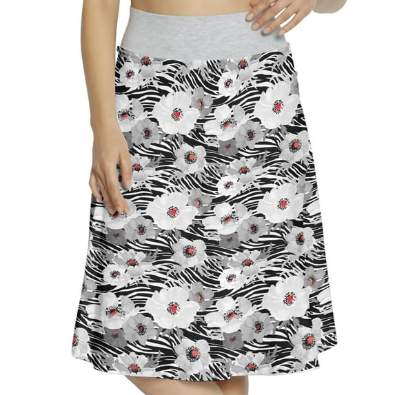 Women's Paint Zebra Pattern Floral Nature A-line Printed Skirt Casual Wear, 3XL, Black Grey Vermilion, by Ambesonne