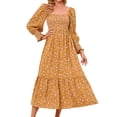 thumbnail image 3 of Xuanfei Women Floral Print Square Neck Smocked Bodice Long Lantern Sleeve Ruched Maxi Dress, 3 of 6