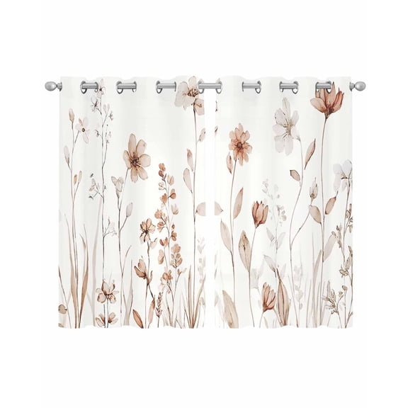 Brown Red Spring Floral Sheer Curtains 39 Inch Length 2 Panels Set for Living Room/Bedroom, Summer Flowers Botanical Elegant Kitchen Curtains Grommet Semi-Sheer Curtains Window Treatments 27.5"x39"x2