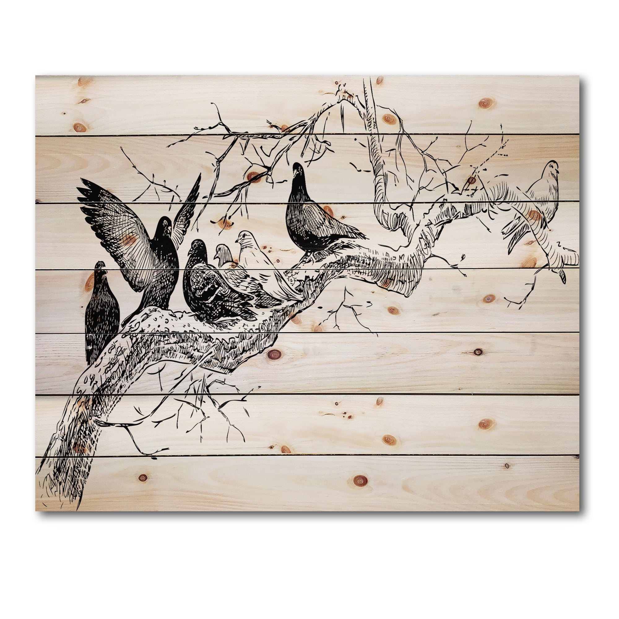 Designart 'Pigeons Sitting On The Tree Branch' Traditional Print on Natural Pine Wood