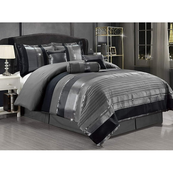 Grand Linen 7-Piece Chenille / Woven Jacquard Bedding Set, Queen, Grey / Gray Silver Stripe, Comforter Set Bed in a Bag