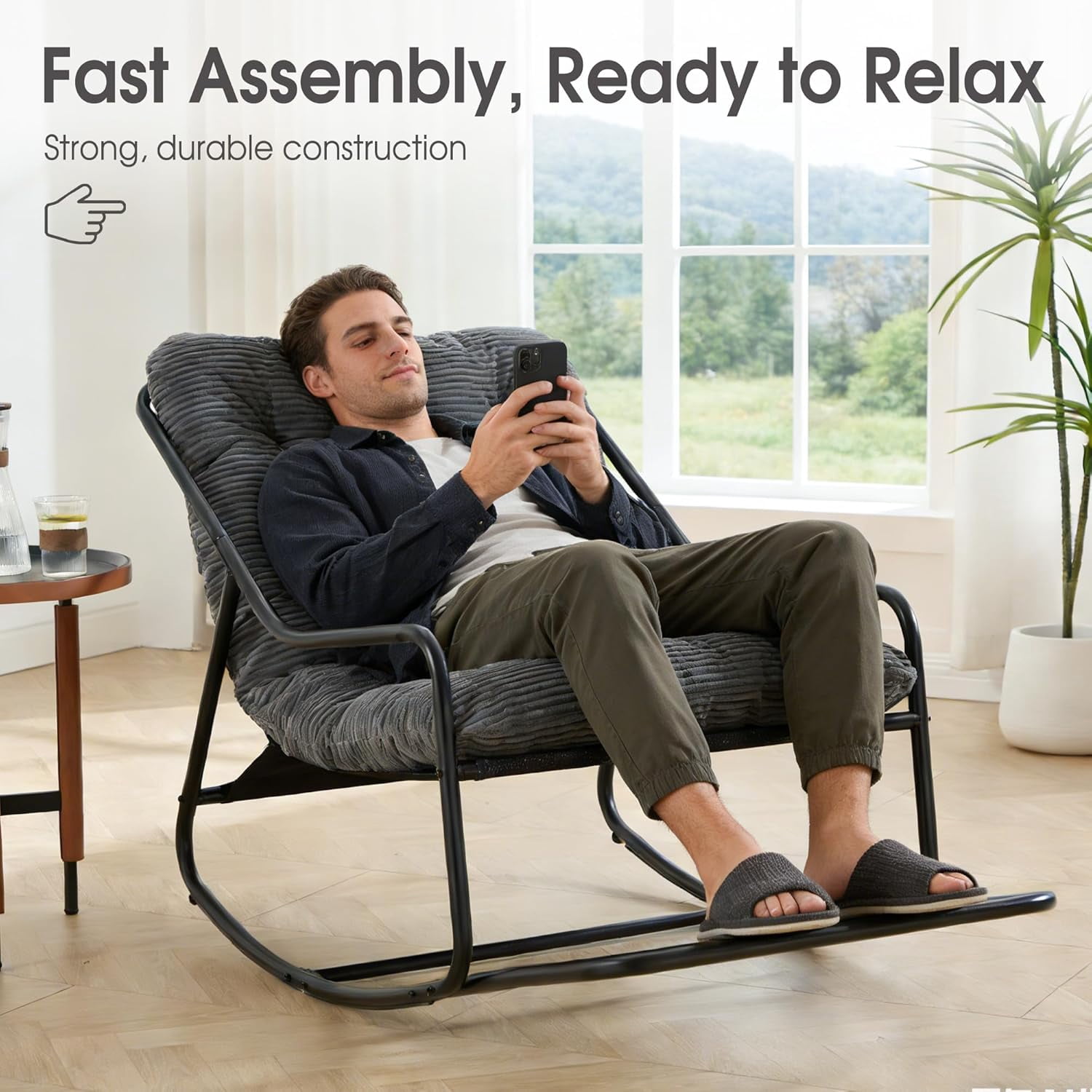 MOONMISS Rocking Chair with Soft Comfy Thick Cushion,Indoor/Outdoor with Footrest,Beige