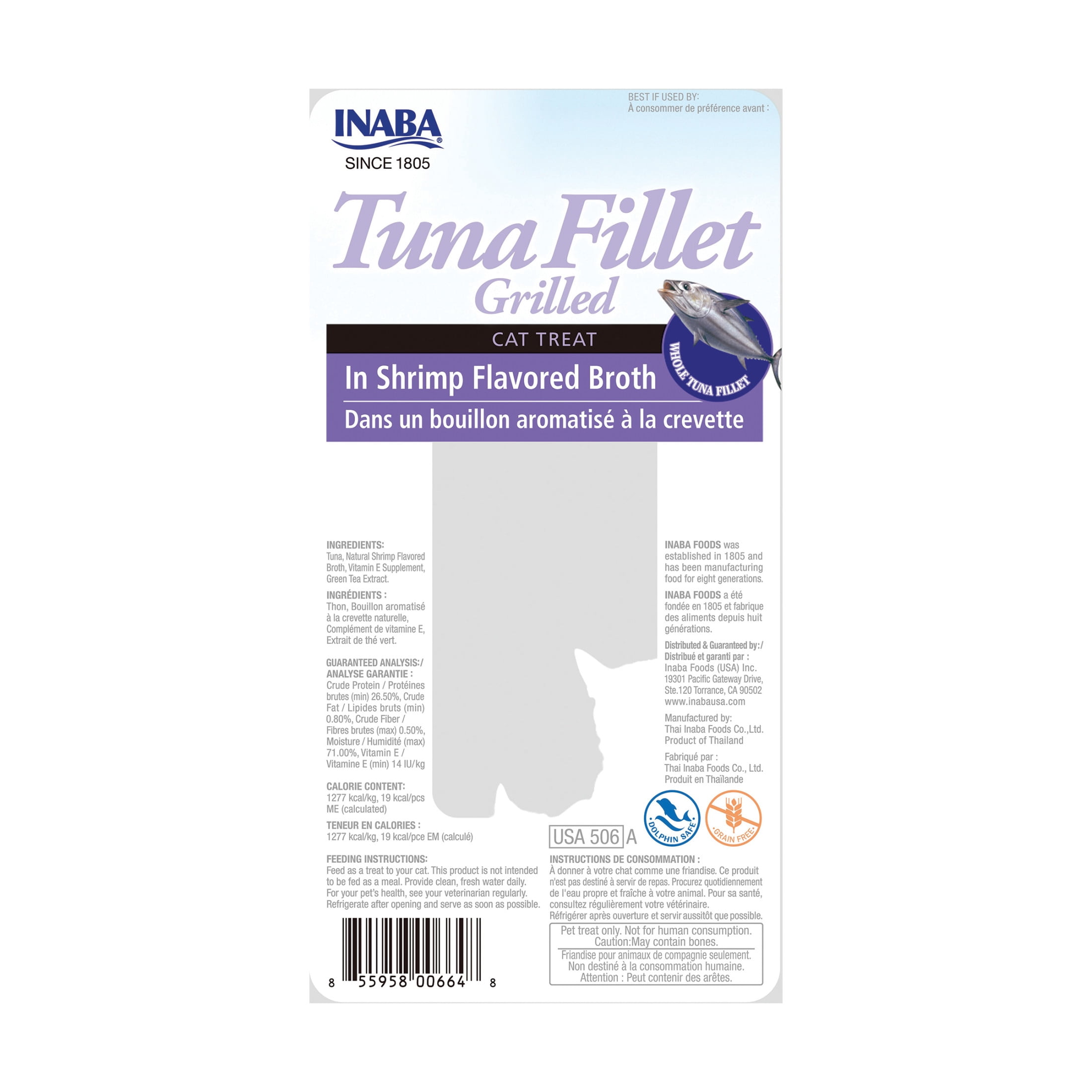 Inaba Premium Hand-Cut Grilled Tuna Fillet Cat Treats W Vitamin E, 0.52 oz, 6-Pack, Shrimp Broth