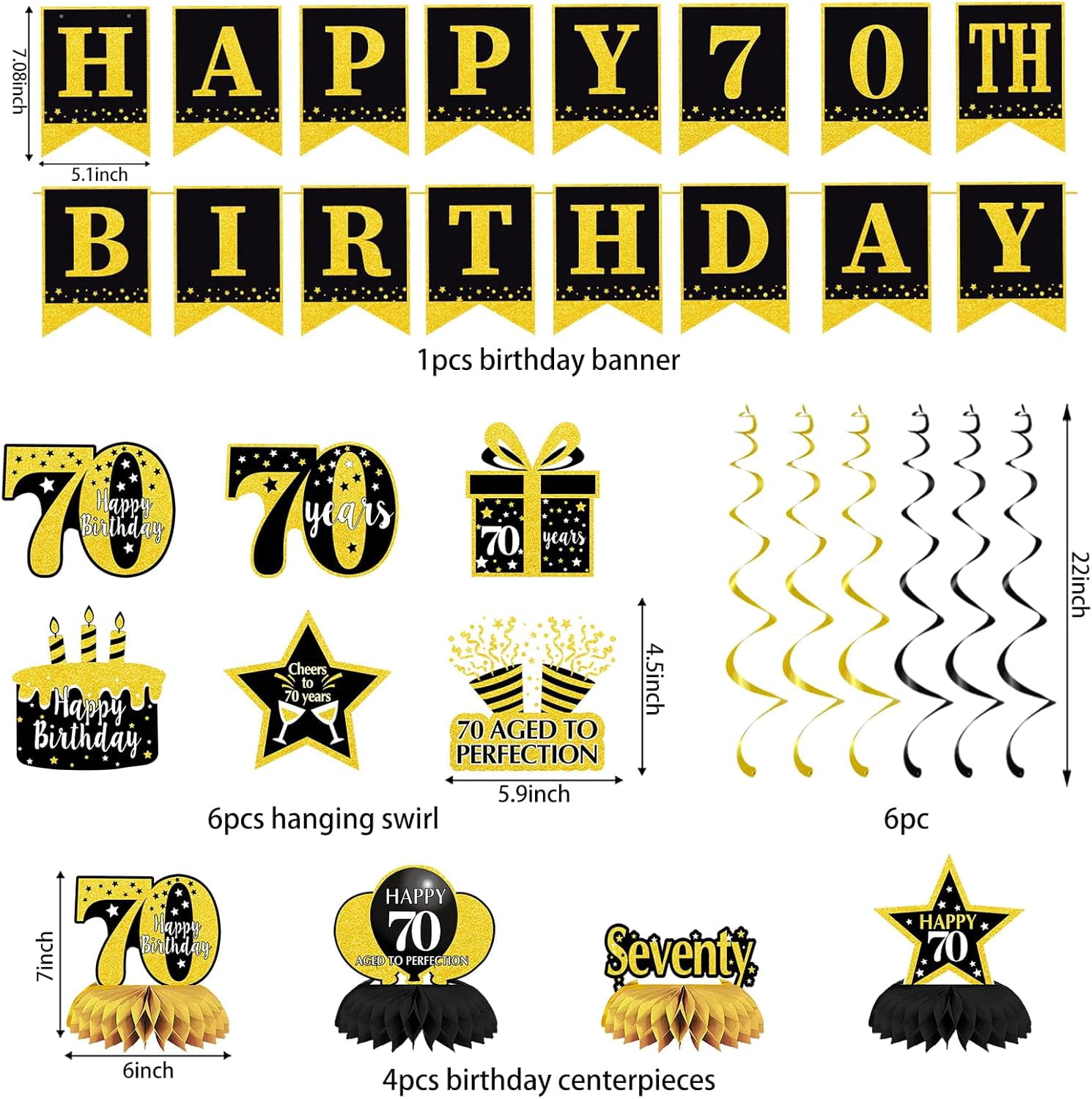 70th Birthday Decorations for Men Women, 22pcs Black Gold Birthday Party Supplies, Banner, Hanging Swirl Flag, 70th Sash&Pompoms, Balloons, 70 Year Old Party Decorations Set