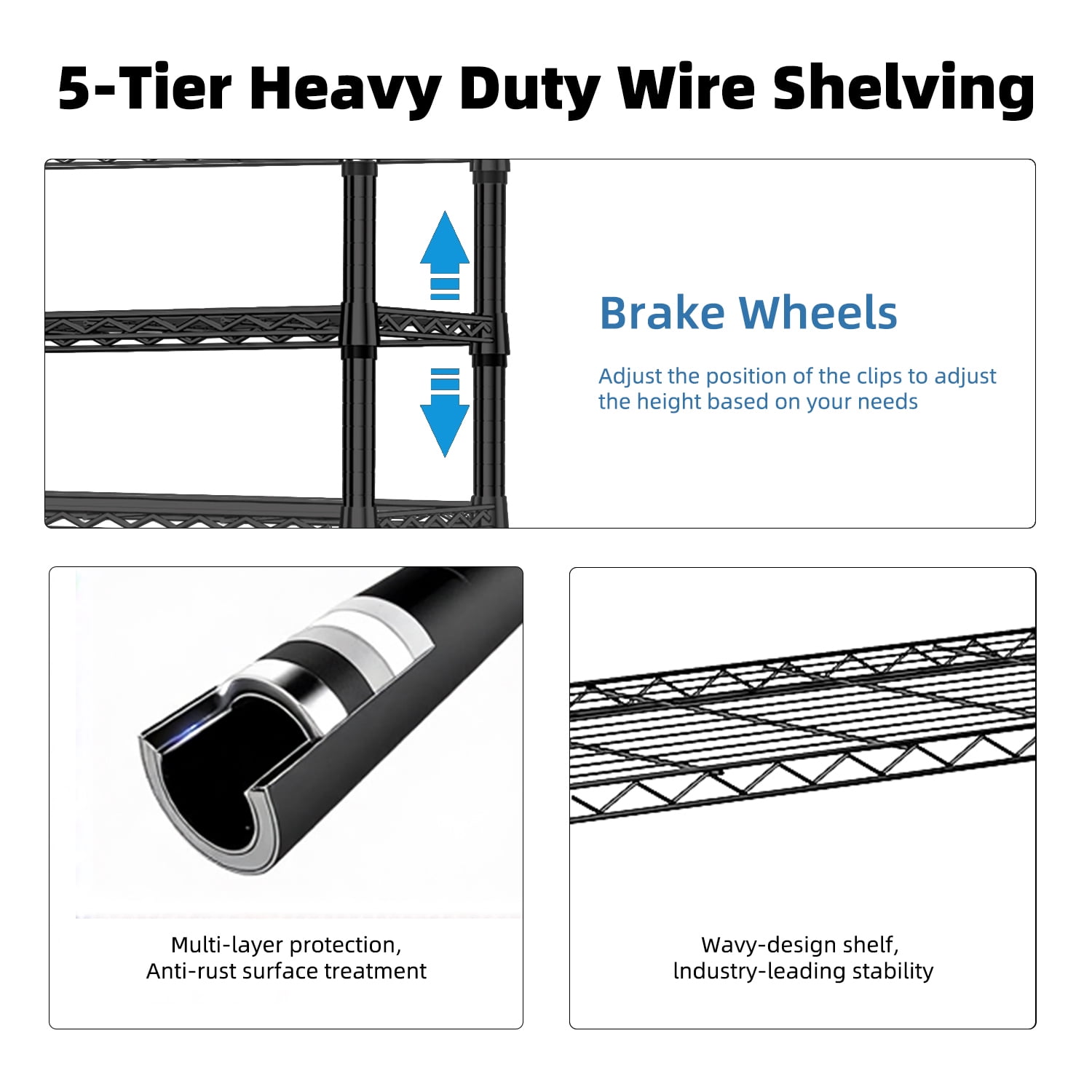 5-Shelf Storage Shelves, Wire Shelving Heavy Duty Metal Storage Shelving Unit Adjustable Garage Shelving Rack Pantry Kitchen (Black, 5 Tier, 17.7" D x 47.2" W x 75.6" H)