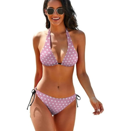 Sdmnsg-T Pink Polka Dot Womens Two Piece Swimsuit Bikini Halter Brazilian Bottom Triangle Top Bathing Suit
