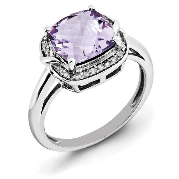 Bague en Argent Sterling 925 avec Diamant Rhodié et Quartz Rose à Carreaux
