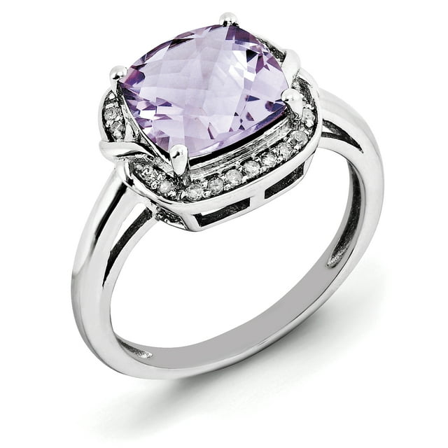 Bague en Argent Sterling 925 Rhodié avec Diamant et Quartz Rose à Carreaux