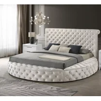 1pc Glam Queen Tufted Headboard Upholstered Storage Round Bed Ivory Bedroom Furniture