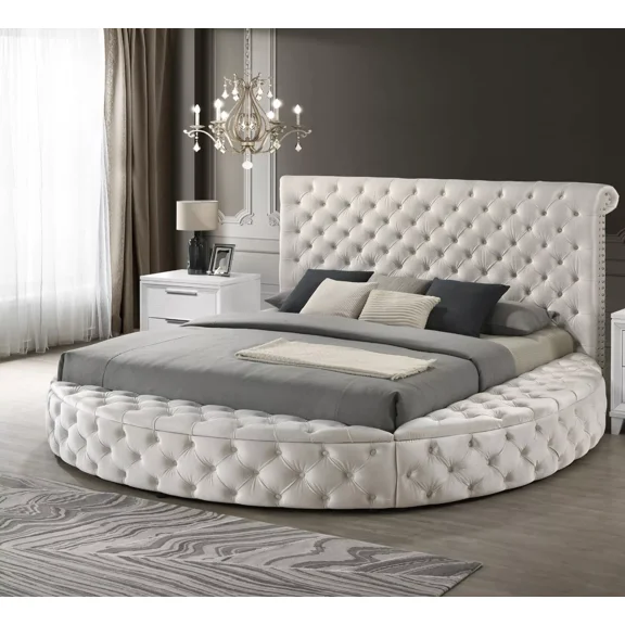 1pc Glam Queen Tufted Headboard Upholstered Storage Round Bed Ivory Bedroom Furniture
