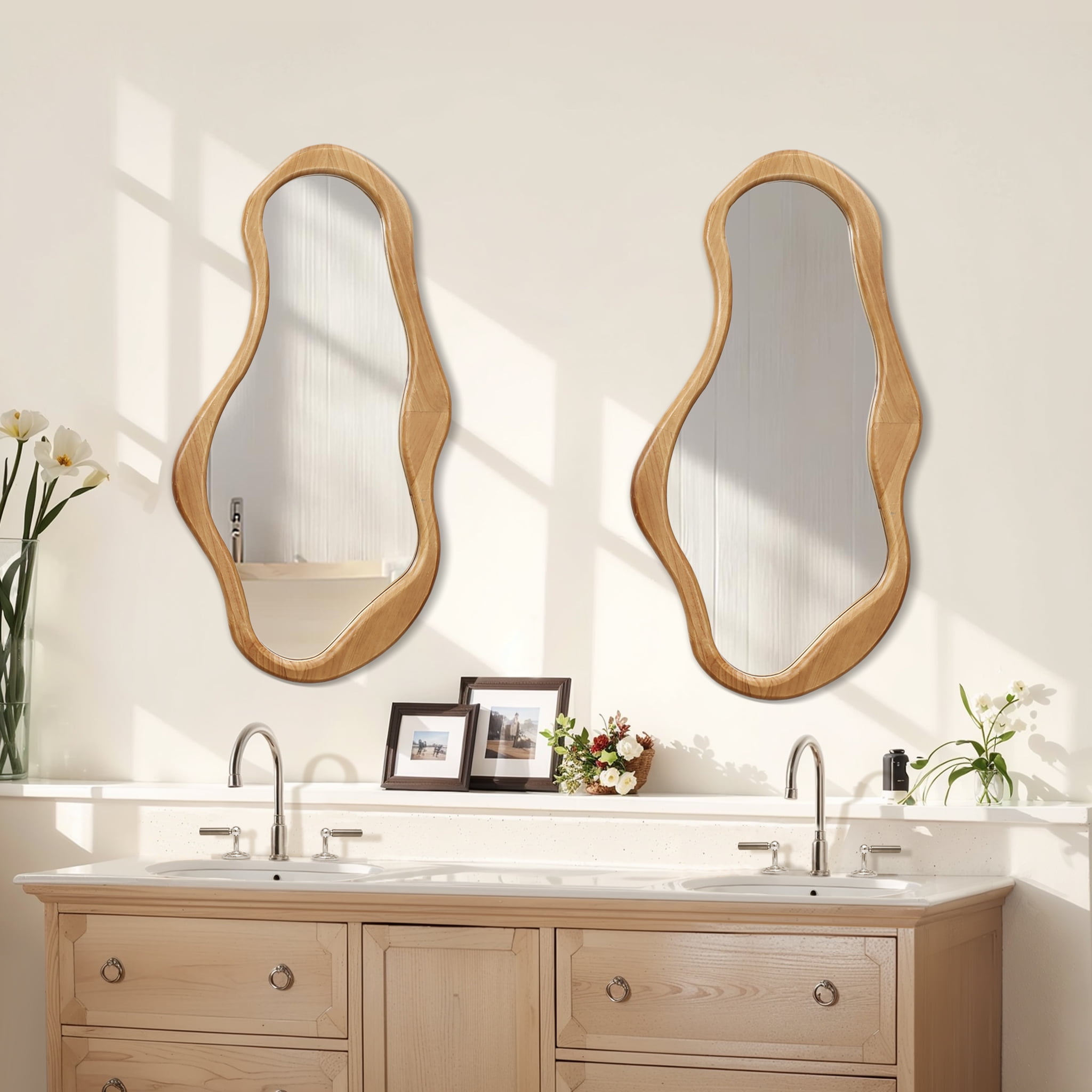 LuxenHome Natural Pine Wood Frame Irregular Oval Wall Mirror Decor Wall Mounted Accent Vanity Mirror